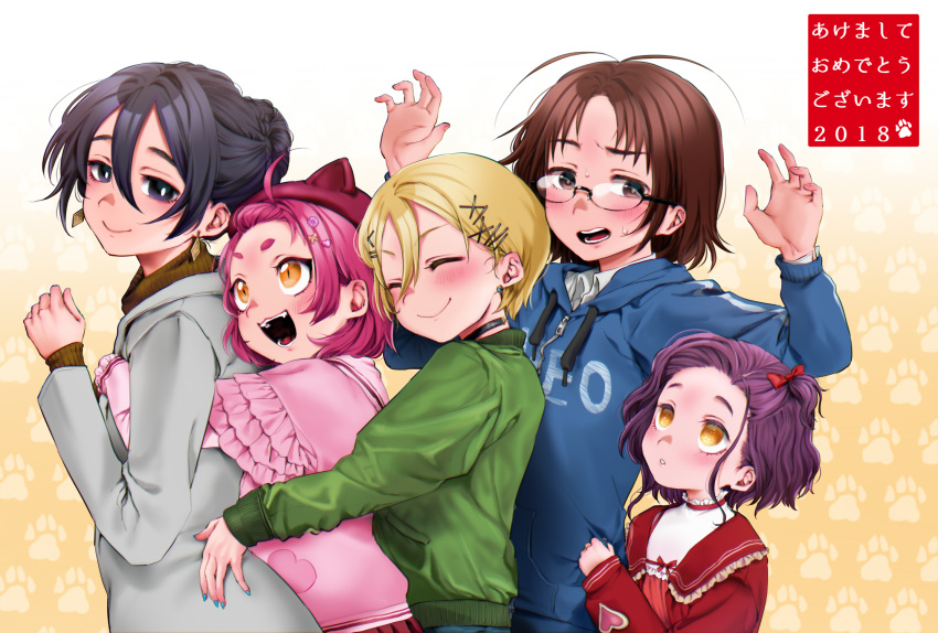 2018 2boys 3girls :d :o anal_(arinosumuki) animal_hat black_collar blonde_hair blue_jacket blue_nails blush brown_eyes brown_hair brown_sweater cat_hat character_request closed_eyes closed_mouth clothes_tug collar collared_shirt crossdressing dress dress_shirt earrings frilled_collar frilled_jacket frills glasses green_jacket grey_jacket hair_between_eyes hair_ornament hair_up hairclip hat highres hug hug_from_behind jacket jewelry jiishiki_kajou_(ukagaka) lineup long_sleeves looking_at_another looking_at_viewer looking_down looking_up multiple_boys multiple_girls nose_blush open_mouth orange_eyes original pink_hair pink_jacket purple_hair red_dress ribbed_sweater shirt short_hair smile sweatdrop sweater track_jacket ukagaka upper_body wavy_hair white_shirt yellow_eyes yume_nikki_(ukagaka) zipper_pull_tab