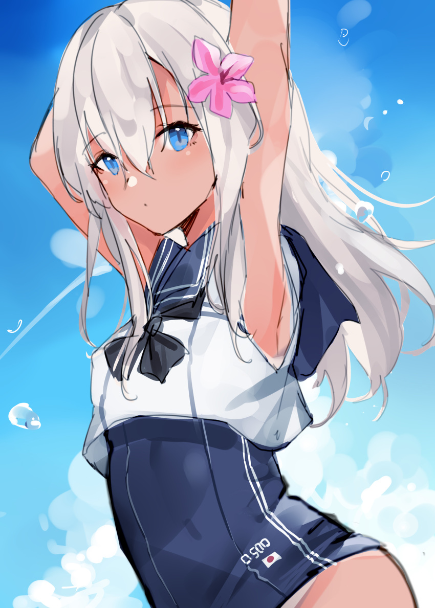 1girl absurdres arm_up armpits black_neckwear black_sailor_collar black_swimsuit blonde_hair blue_eyes blue_sky cloud cowboy_shot crop_top flower hair_flower hair_ornament highres kagurazaka_miyabi kantai_collection one-piece_swimsuit one-piece_tan ro-500_(kantai_collection) sailor_collar school_swimsuit shirt sky sleeveless sleeveless_shirt solo swimsuit swimsuit_under_clothes tan tanline