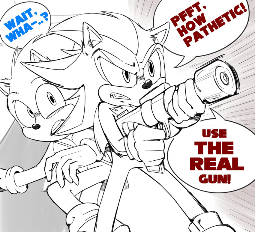 2020 anthro clenched_teeth clothing dialogue digital_drawing_(artwork) digital_media_(artwork) duo eulipotyphlan fabulaus_things footwear gloves handwear hedgehog hi_res holding_gun holding_object holding_weapon humor male mammal shadow_the_hedgehog shoes sonic_the_hedgehog sonic_the_hedgehog_(film) sonic_the_hedgehog_(series) speech_bubble surprise teeth weapon