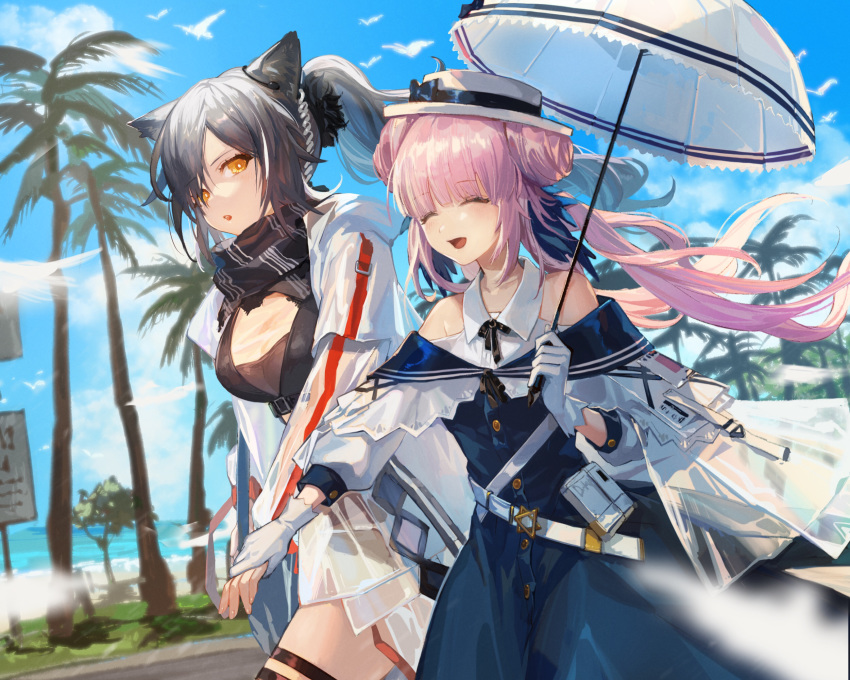 2girls :d ^_^ animal_ears arknights bangs bare_shoulders black_bow black_scarf blue_dress blue_sky bow breasts cat_ears ceylon_(arknights) closed_eyes cloud commentary_request cowboy_shot day double_bun dress eyebrows_visible_through_hair gloves hat hat_bow highres holding holding_hands holding_umbrella jacket long_hair long_ponytail long_sleeves looking_at_another medium_breasts multiple_girls nima_(niru54) open_mouth outdoors palm_tree parted_lips pink_hair ponytail scarf schwarz_(arknights) silver_hair sky smile thigh_strap tree umbrella white_gloves white_headwear white_jacket white_umbrella yellow_eyes