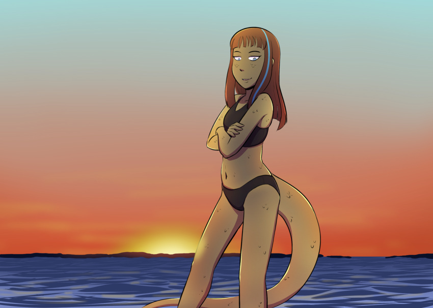 2020 anthro bikini brown_body brown_scales cleo_(twin_dragons) clothing dragonkai female highlights_(coloring) humanoid_face outside pose reptile scales scalie sea snake solo sunset swimwear teenager thenekoboi water young