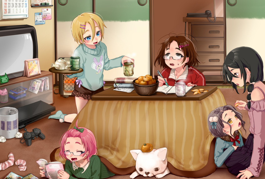 5girls :3 :d anal_(arinosumuki) bangs_pinned_back bare_shoulders black_eyes black_skirt blonde_hair blue_eyes blue_sweater bow brown_hair character_request closed_eyes cup dog drawer fang feeding food fruit fur_collar game_console glasses green_sweater grey_hair hair_between_eyes hair_bow hair_ornament hair_pom_pom hairclip heater highres indoors jacket kneeling kotatsu long_hair long_sleeves looking_at_another low_twintails lying mandarin_orange miniskirt multiple_girls notebook on_floor on_stomach open_mouth original pen phone pink_hair playstation_2 pom_pom_(clothes) reading red_jacket ribbed_sweater short_hair short_shorts shorts sitting skirt sliding_doors smile socks sweatdrop sweater table tea teapot television track_jacket tray twintails ukagaka under_kotatsu under_table used_tissue yellow_eyes yume_nikki_(ukagaka) yunomi