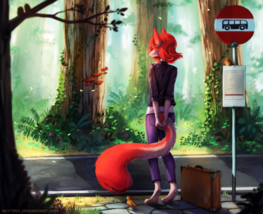 animal_humanoid anthro avian bird bus_stop canid canid_humanoid canine canis clothing darkflamewolf female forest hi_res humanoid jacket luggage mammal mammal_humanoid neytirix road solo suitcase tail_maw taylor_renee_wolford_(darkflamewolf) topwear traveling tree wolf