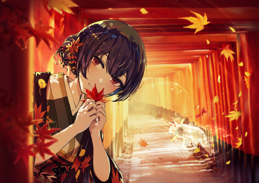 aliasing animal autumn idolmaster_shiny_colors leaves minyom morino_rinze short_hair torii