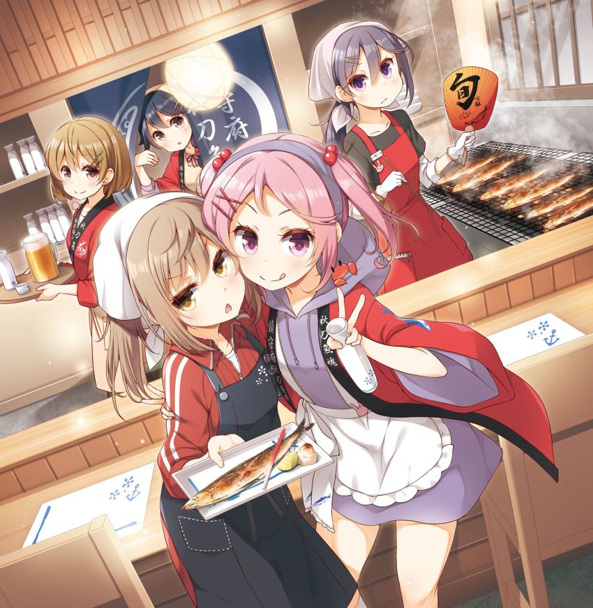 &gt;:) 5girls akebono_(kantai_collection) alcohol alternate_costume animal apron beer beer_mug black_hair black_shirt blush brown_eyes chestnut_mouth chopsticks collarbone crab cup fan fish food gloves hair_between_eyes hair_bobbles hair_ornament hairclip headdress highres holding holding_chopsticks holding_fan holding_tray kantai_collection light_brown_hair long_hair michishio_(kantai_collection) mug multiple_girls oboro_(kantai_collection) open_mouth paper_fan pink_eyes pink_hair purple_eyes purple_hair red_apron saury sazanami_(kantai_collection) shirt short_hair short_sleeves side_ponytail smile tokkuri tongue tongue_out tray twintails uchiwa ushio_(kantai_collection) v v-shaped_eyebrows white_gloves x_hair_ornament yume_no_owari