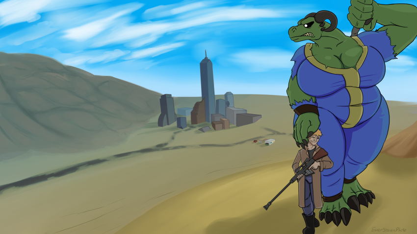 16:9 anthro apocalypse bethesda_softworks big_breasts breasts city clothing desert dragon duo evergreenplate fallout female gullet_(character) hi_res horn human landscape male male/female mammal mini_giantess new_vegas overweight thick_thighs torn_clothing vault_suit video_games wide_hips widescreen