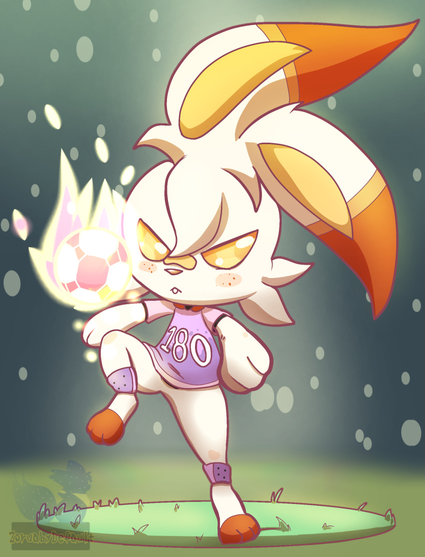 ambiguous_gender baby_pok&eacute;mon ball big_ears cel_shading feral fire fluffy hi_res lagomorph leporid mammal nintendo pok&eacute;mon pok&eacute;mon_(species) pok&eacute;mon_mystery_dungeon rabbit scorbunny simple_background soccer solo sport video_games zoruabydefault