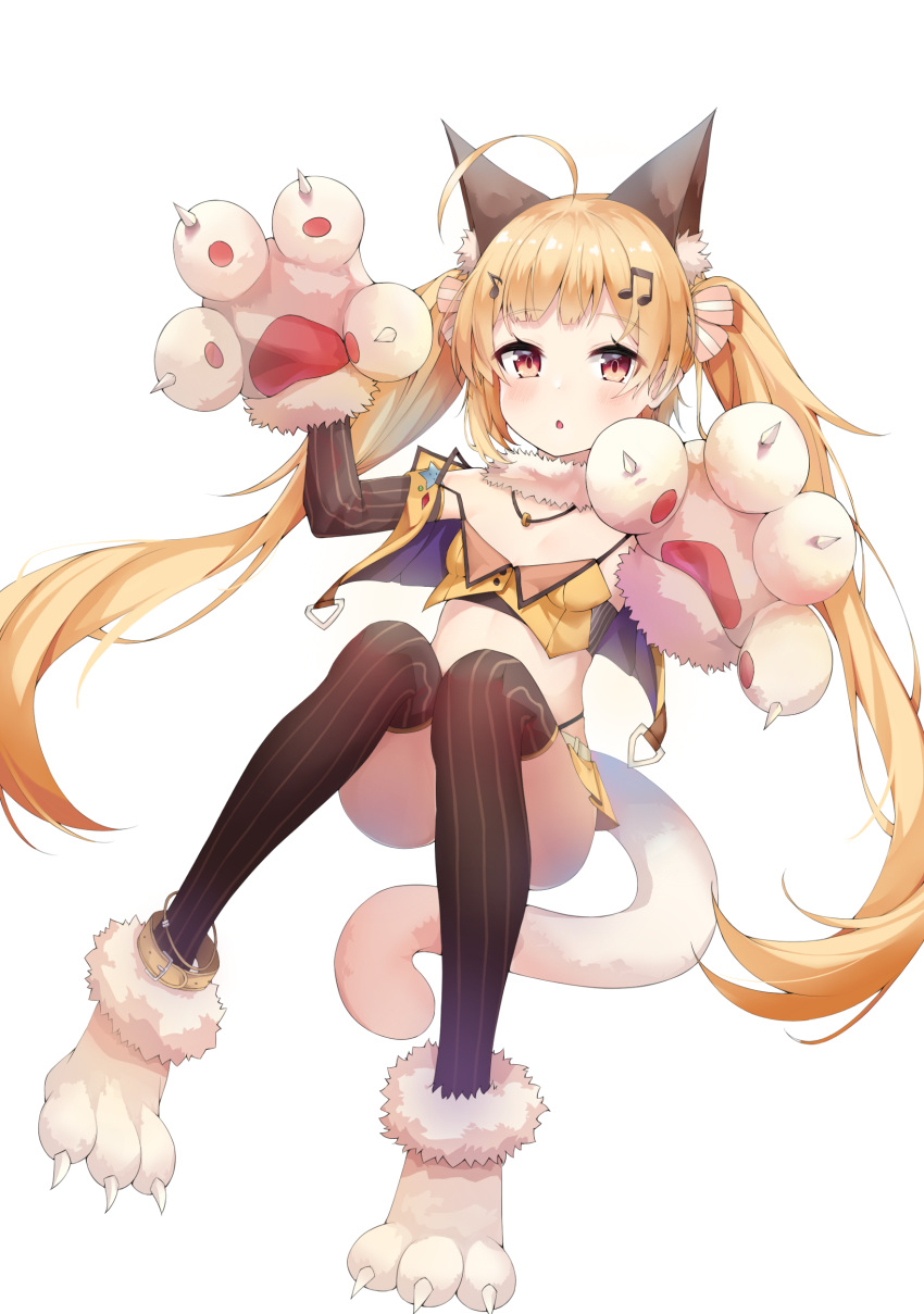 1girl absurdres ahoge animal_ear_fluff animal_ears azur_lane bare_shoulders belt blonde_hair blush breasts cat_ears cat_girl cat_paws cat_tail eldridge_(azur_lane) eldridge_(catgirl_idol?)_(azur_lane) eyebrows_visible_through_hair full_body fur_choker fur_collar gloves hair_between_eyes hair_ornament heart_ahoge highres long_hair looking_at_viewer midriff miniskirt musical_note_hair_ornament navel open_mouth orange_skirt paw_gloves paw_shoes paws red_eyes rui_p shirt shoes simple_background skirt small_breasts solo striped tail thighhighs twintails very_long_hair white_background white_belt