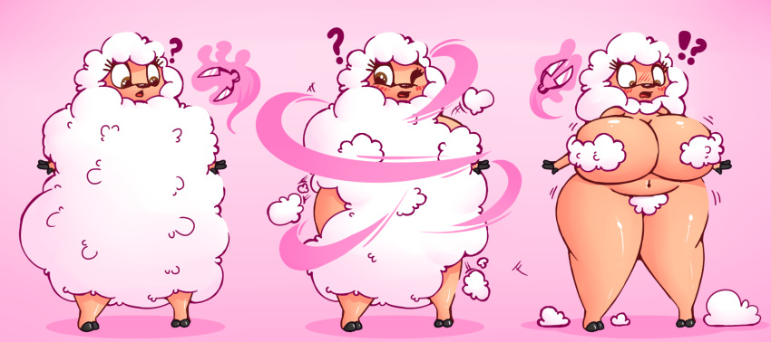 ? ?! after_transformation anthro big_breasts blade_shears blush bovid breasts caprine curvy_figure eyelashes female fluffy fur glistening glistening_body glistening_skin hi_res hooves huge_breasts huztar levitating_object mammal naturally_censored navel nude pink_background sequence sheared shearing sheep simple_background solo surprise tan_body tan_skin thick_thighs voluptuous white_body white_fur white_wool wide_hips wool_(fur)