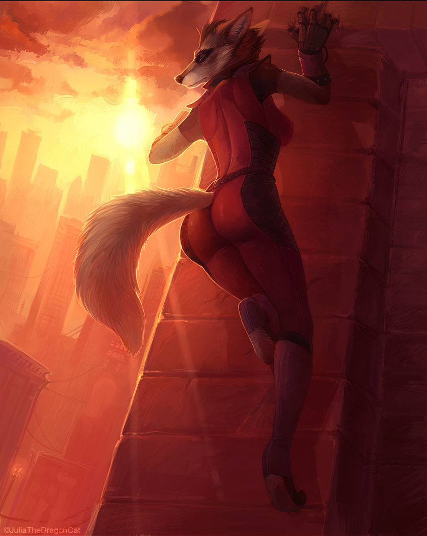 animal_humanoid anthro butt butt_pose canid canid_humanoid canine canine_humanoid canis city city_background cityscape claws climbing climbing_wall clothing darkflamewolf fan_character female hi_res humanoid juliathedragoncat mammal mammal_humanoid mask murana_wolford_(darkflame-wolf) pose sky skyscraper solo suit sunset vigilante wolf wolf_humanoid