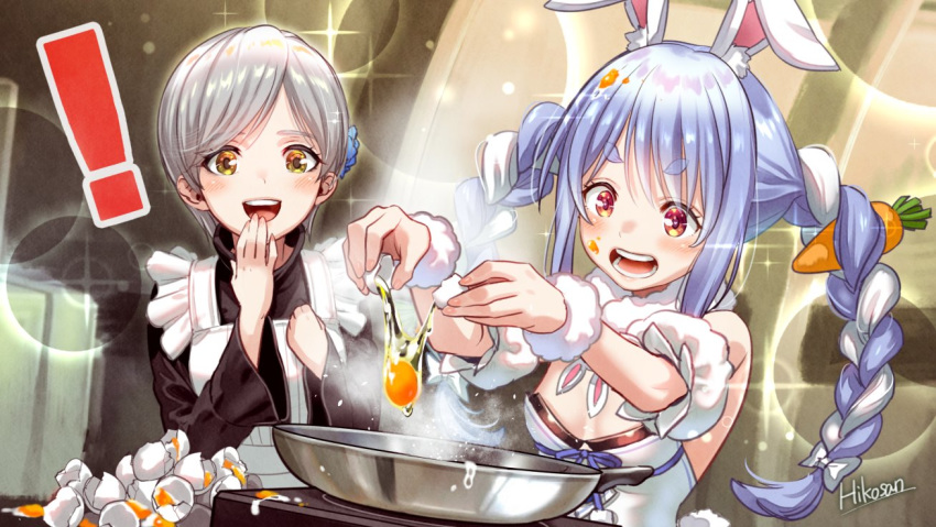 ! 2girls animal_ear_fluff animal_ears apron arm_cuffs artist_name bangs black_dress black_leotard blush braid breasts bubble bunny_ears bunnysuit cleavage commentary cooking cracking_egg crossover dress egg_yolk eggshell eyebrows_visible_through_hair eyelashes flower food food_on_face food_on_hair frying_pan fur_scarf hair_flower hair_ornament hair_ribbon hand_to_own_mouth hikosan20216917 hololive leotard light_blue_hair long_hair metal_gear_(series) metal_gear_solid_4 multicolored_hair multiple_girls off-shoulder_dress off_shoulder open_mouth parted_bangs red_eyes ribbon short_hair signature silver_hair small_breasts smile sparkle steam sunny_gurlukovich teeth thick_eyebrows tress_ribbon twin_braids twintails two-tone_hair upper_body usada_pekora virtual_youtuber white_dress white_hair wrist_cuffs yellow_eyes