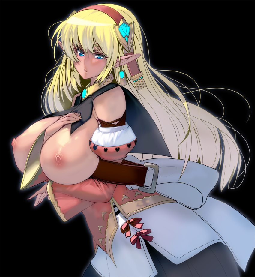 1girl bangs black_background blonde_hair blue_eyes breasts dark_skin detached_collar detached_sleeves earrings elf hairband highres jewelry large_breasts looking_at_viewer masao nipples original pointy_ears profile solo