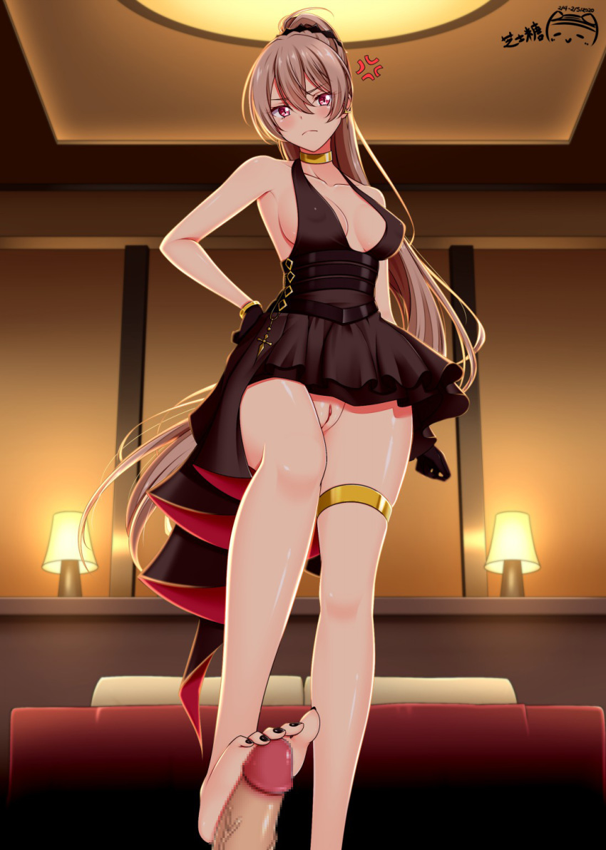 1boy 1girl azur_lane bangs bare_shoulders bed bedroom black_gloves black_nails blonde_hair blush breasts cleavage closed_mouth cocktail_dress commentary_request commission dress erection evening_gown footjob gloves gold_bracelet gold_choker hair_between_eyes halter_dress hand_on_hip high_ponytail highres indoors jean_bart_(azur_lane) jean_bart_(uninhibited_bloodstone)_(azur_lane) lampshade large_breasts long_hair lying no_panties on_back out_of_frame penis pillow ppshex pussy red_eyes sidelocks skirt stepped_on thighlet upskirt very_long_hair