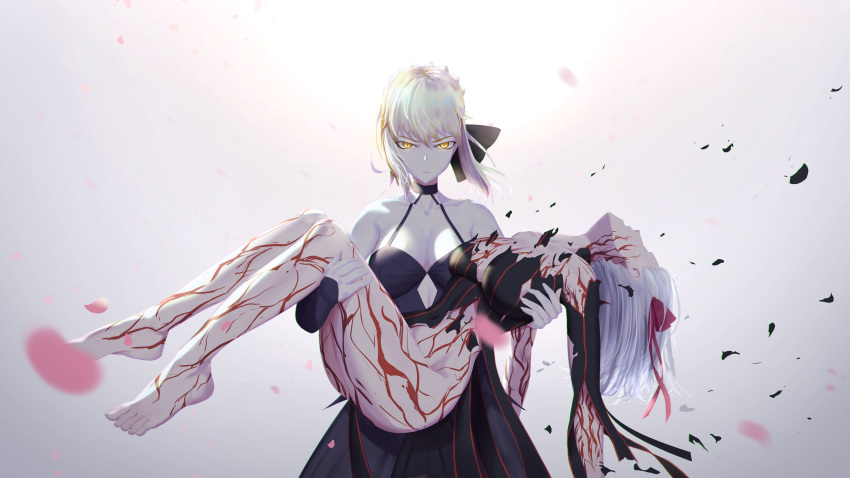 2girls absurdres angry artoria_pendragon_(all) ass bare_shoulders black_dress black_ribbon blonde_hair braid breasts cleavage collarbone commentary dark_sakura dress fate/stay_night fate_(series) hair_ribbon highres large_breasts long_hair looking_at_viewer matou_sakura multiple_girls red_ribbon ribbon saber_alter serelith short_hair spoilers torn_clothes torn_dress white_hair yellow_eyes
