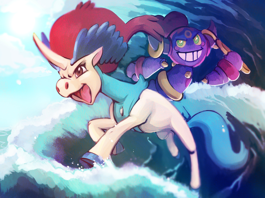 abbystabby brown_eyes commentary creature english_commentary full_body gen_5_pokemon gen_6_pokemon green_eyes grin hoopa hoopa_(confined) horn keldeo keldeo_(ordinary) no_humans pokemon pokemon_(creature) smile water waves