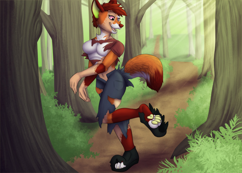 2017 4_toes 5_fingers anthro breasts brown_hair brown_nose canid canine clothing crepuscular_rays day digital_media_(artwork) dipstick_tail eyelashes featureless_breasts female fingers forest fox fur green_pawpads hair human_to_anthro lara_(daniel156161) looking_back looking_down mammal medium_breasts multicolored_body multicolored_fur multicolored_tail open_mouth open_smile outside pawpads pink_eyes recurrent short_hair smile solo species_transformation toes torn_clothing transformation tree white_body white_fur