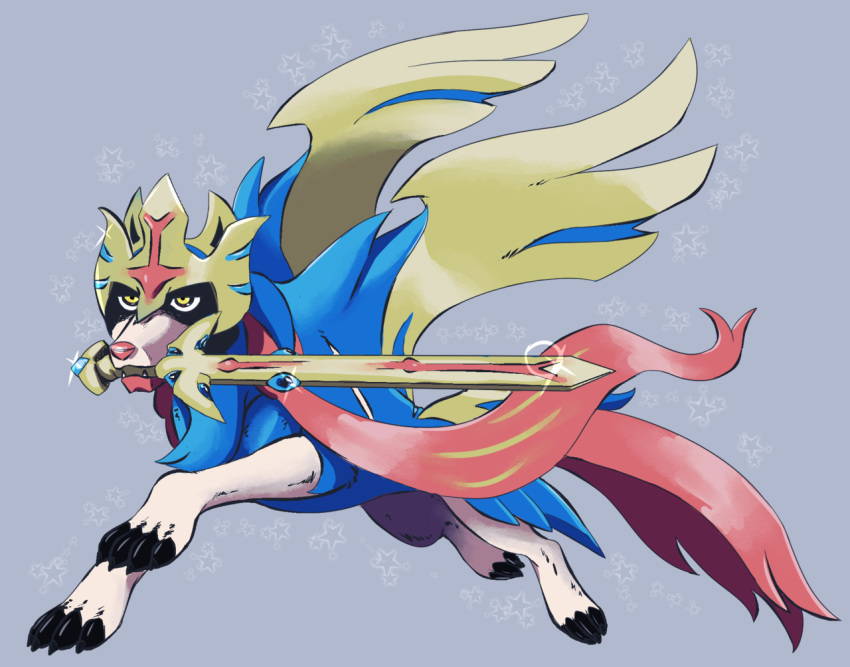 abbystabby claws commentary creature dog dog_focus english_commentary fangs full_body gen_8_pokemon grey_background mouth_hold no_humans pokemon pokemon_(creature) simple_background solo star starry_background sword weapon yellow_eyes zacian zacian_(crowned)