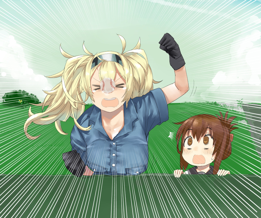 2girls absurdres aima_imoko0327 baseball black_gloves black_sailor_collar blonde_hair blue_shirt blue_sky breast_pocket breasts brown_eyes brown_hair closed_eyes cloud collared_shirt commentary_request day facing_viewer fence folded_ponytail gambier_bay_(kantai_collection) gloves hairband highres in_the_face inazuma_(kantai_collection) kantai_collection large_breasts long_hair multiple_girls open_mouth outdoors pocket round_teeth sailor_collar school_uniform serafuku shirt sky speed_lines stairs teeth twintails upper_body upper_teeth