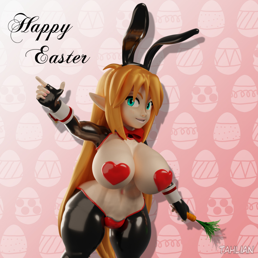 1:1 big_breasts blender_(software) bow_tie breasts bunny_ears_(cosmetic) digital_media_(artwork) elf felicia_(tahlian) female freckles gesture green_eyes hair heart_pasties hi_res human humanoid humanoid_pointy_ears long_hair mammal not_furry orange_hair pasties pointing reverse_bunny_costume rubber short_stack solo solo_focus tahlian thick_thighs wide_hips