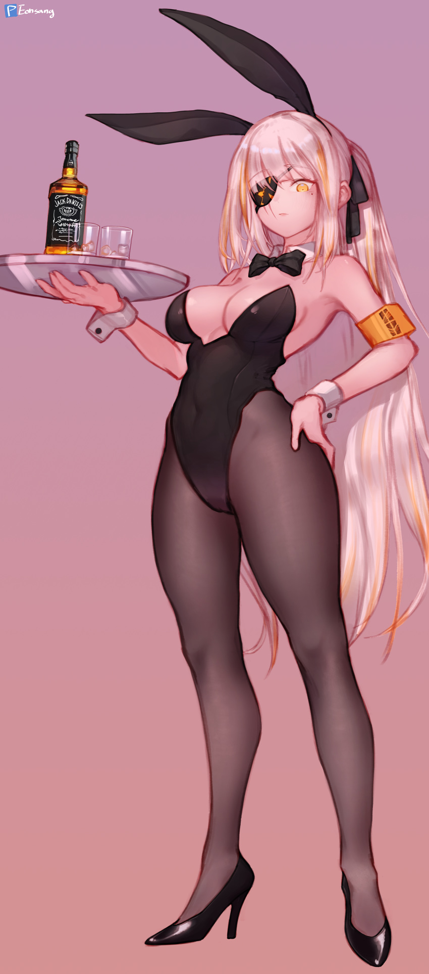 1girl absurdres alcohol animal_ears bangs black_hair black_legwear black_ribbon blonde_hair bow bowtie breasts bunny_ears bunnysuit cleavage covered_navel cup detached_collar drinking_glass eonsang eyebrows_visible_through_hair eyepatch full_body girls_frontline gradient gradient_background hair_ribbon hand_on_hip high_heels highres ice ice_cube jack_daniel's long_hair looking_at_viewer m16a1_(girls_frontline)_(boss) mole mole_under_eye pantyhose ribbon solo tray very_long_hair whiskey wrist_cuffs yellow_eyes