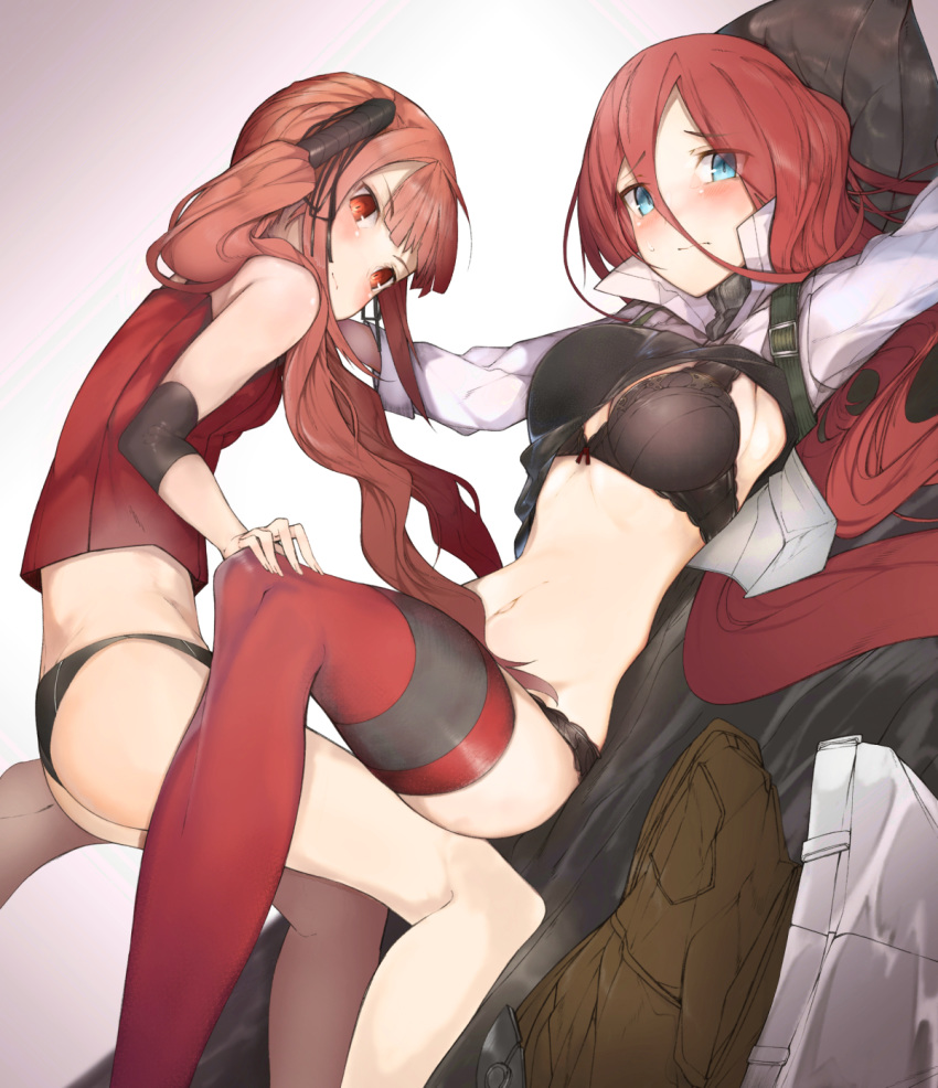 2girls ass black_bra black_panties blue_eyes blush bra breasts cz-75_(girls_frontline) ekuesu girls_frontline hair_between_eyes highres kneeling long_hair looking_at_viewer lying multiple_girls navel on_back panties red_eyes red_hair red_legwear sweat t-5000_(girls_frontline) thighhighs twintails underwear very_long_hair