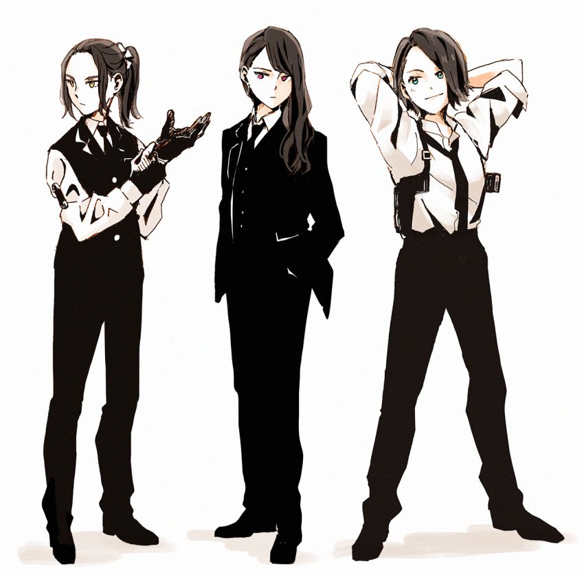 3girls :| adjusting_clothes adjusting_gloves aqua_eyes arms_behind_head bangs black_footwear black_gloves black_hair black_jacket black_neckwear black_pants black_vest character_request closed_mouth collared_shirt formal frown full_body gloves hair_over_shoulder hands_in_pockets highres jacket long_hair long_sleeves multiple_girls necktie no_bangs pants ponytail red_eyes scrunchie shin9tani shirt shoes short_hair shoujo_kageki_revue_starlight sidelocks sleeves_pushed_up standing suit vest white_background white_scrunchie white_shirt yellow_eyes