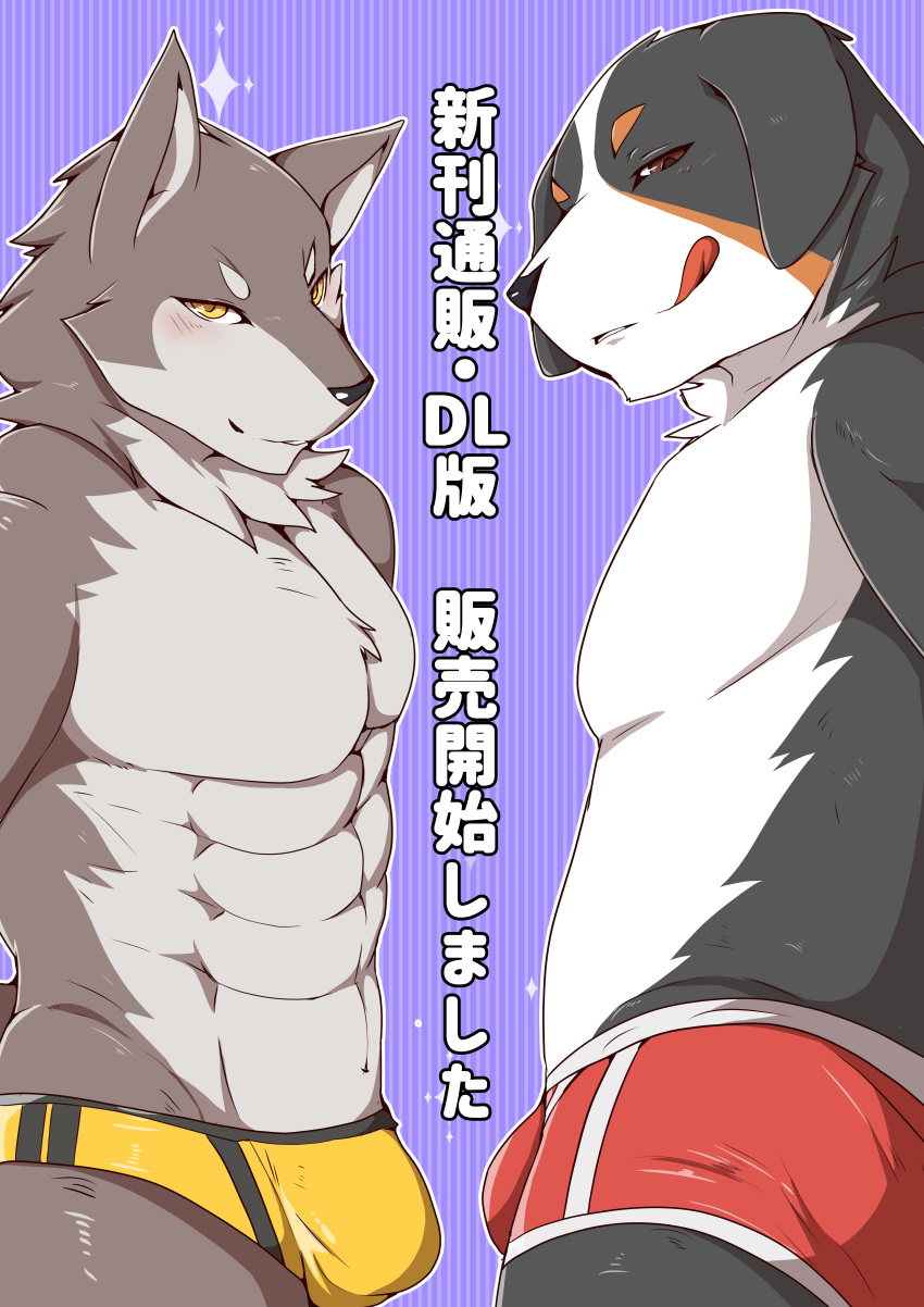 2020 abs absurd_res anthro black_ears blush boneless_hamham bulge canid canine canis clothed clothing domestic_dog duo fur fur_tuft grey_body grey_fur hi_res looking_at_viewer male mammal multicolored_body multicolored_clothing multicolored_fur multicolored_underwear muscular muscular_male neck_tuft red_clothing red_underwear text tongue tongue_out topless tuft underwear white_body white_fur white_text yellow_clothing yellow_underwear