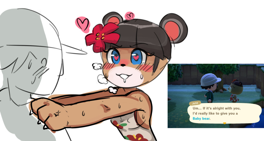 &lt;3 &lt;3_eyes accessory animal_crossing blue_eyes blush bodily_fluids brown_body brown_fur brown_hair claws clothing dress drooling duo english_text erect_nipples female flower flower_in_hair fur hair hair_accessory hi_res human june_(animal_crossing) male mammal nintendo nipples plant saliva short_hair sweat text unknown_artist ursid video_games