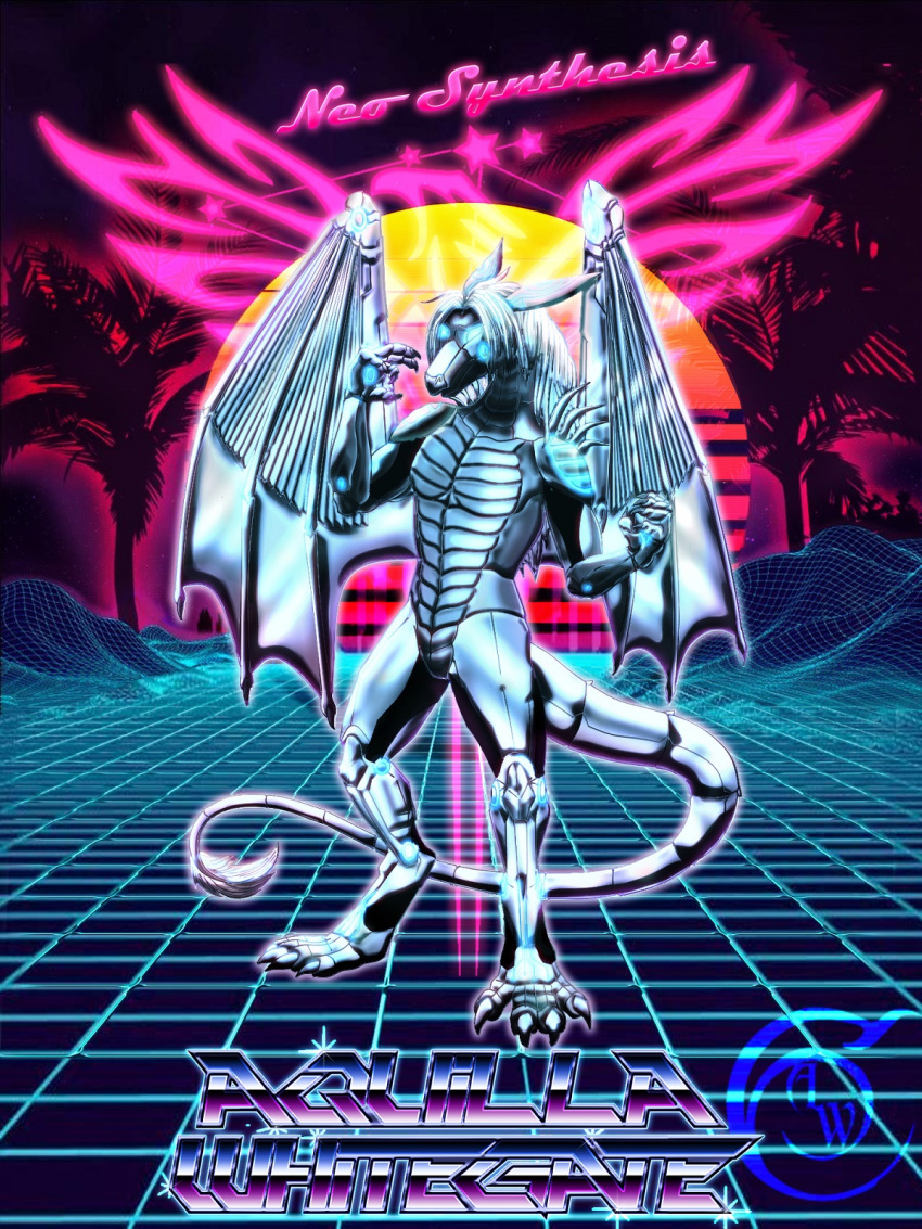 3:4 80's_theme accipitrid accipitriform anthro aquilla aquilla-whingate avian badge bird cyberpunk dragon eagle feathers fluffpunk font grid hair hi_res hill joints machine male metal nanobots outrun palm_trees retrowave robot solo star sun synthesis synthwave text tree wings