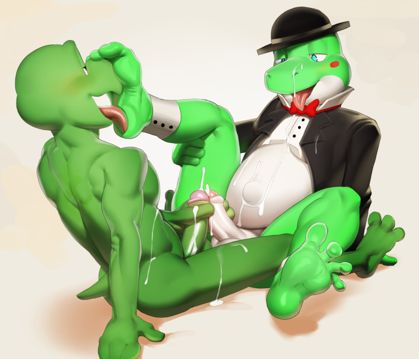 2020 3_toes 4_fingers 4_toes amphibian anthro anthro_on_anthro balls barefoot beak belly biped black_bowler_hat black_clothing black_eyes black_suit blue_eyes blush blush_stickers bodily_fluids bottomless bow_tie bowler_hat butt classy clothed clothing collared_shirt colored countershade_belly countershade_face countershade_genitalia countershade_torso countershading cuff_links cum cum_drip cum_on_body cum_on_butt cum_on_chest cum_on_clothing cum_on_face cum_on_hand cum_on_leg cum_on_penis cum_on_self cum_on_snout cum_on_stomach cum_strand cum_string cumshot curved_beak deck_chair_position detailed dress_collar dress_shirt dripping duo ejaculation erection facing_each_other feet fingers foot_fetish foot_lick foot_on_face foot_play foreskin francis_(full_frontal_frog) frog full_frontal_frog genital_fluids genitals gentleman glans glistening glistening_arms glistening_body glistening_clothing glistening_eyes glistening_feet glistening_genitalia glistening_glans glistening_hands glistening_head glistening_legs glistening_nose glistening_penis glistening_tongue green_body half-closed_eyes hand_on_ground hat headgear headwear holding_own_leg_up holding_penis humanoid_feet humanoid_genitalia humanoid_hands humanoid_penis justmegabenewell ket_ralus_(character) leg_grab legwear licking long_sleeves looking_at_foot looking_at_penis looking_down looking_pleasured male male/male narrowed_eyes navel nude on_ground open_beak open_mouth open_smile orgasm orgasm_face outie_navel painted_sketch painting_(artwork) partially_retracted_foreskin penis penis_grab pink_glans plantigrade raised_leg red_bow_tie red_glans red_tongue reptile retracted_foreskin scalie sex shaded shadow shell-less shirt short_tail simple_background sitting sketch slightly_chubby smile snout soles spread_legs spreading suit three-quarter_view toes tongue tongue_out topwear tortavi traditional_media_(artwork) turtle uncut upturned_collar white_clothing white_countershading