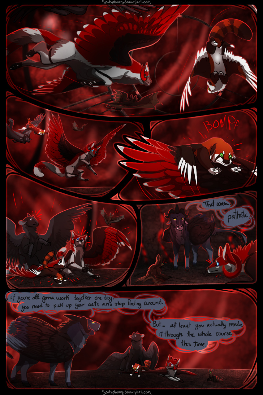 2018 2:3 ailurid black_body black_feathers bovid canid canine caprine chiropteran comic detailed_background digital_media_(artwork) english_text feathered_wings feathers feral goat group hi_res hybrid mammal red_body red_feathers red_panda soulsplosion text wings