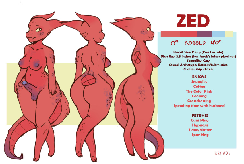 2020 absurd_res anthro areola balls big_nipples bodily_fluids breast_milking breast_size breasts dick_size digital_media_(artwork) driiadi english_text fetishes frenum_ladder frenum_piercing genital_piercing genitals gynomorph hi_res horn intersex kobold lactating lizard model_sheet nipples nude penis penis_piercing piercing reference_guide reference_image reptile scalie sexuality simple_background slightly_chubby small_penis smile solo text thick_thighs wide_hips zed_(scales)