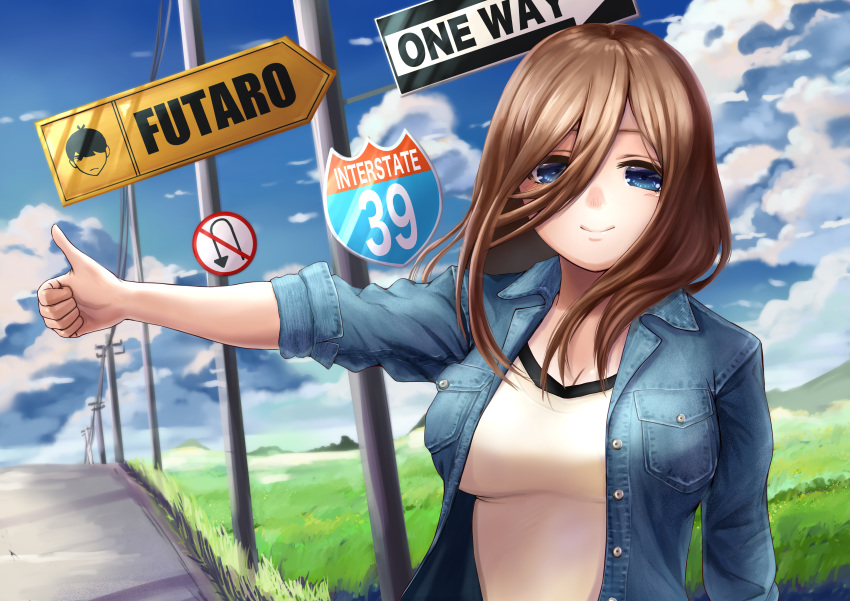1girl absurdres bangs blue_eyes blue_sky bow breasts brown_hair cleavage closed_mouth cloud commentary_request denim denim_jacket go-toubun_no_hanayome grass hair_bow highres hitchhiking huge_filesize izawa_koushi jacket large_breasts long_hair looking_at_viewer nakano_miku open_clothes open_jacket outstretched_arm road road_sign shirt sign sky sleeves_rolled_up smile telephone_pole thumbs_up white_shirt