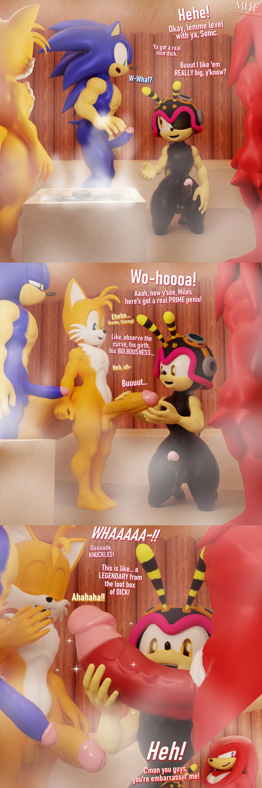 1:3 3d_(artwork) absurd_res anthro balls big_penis canid canine charmy_bee cock_worship comic comparing comparing_penis dialogue digital_media_(artwork) echidna eulipotyphlan fox genitals group hedgehog hi_res huge_penis knuckles_the_echidna male male/male mammal miles_prower monotreme moorsheadfalling penile penis sauna sega size_progression sonic_the_hedgehog sonic_the_hedgehog_(series) text video_games