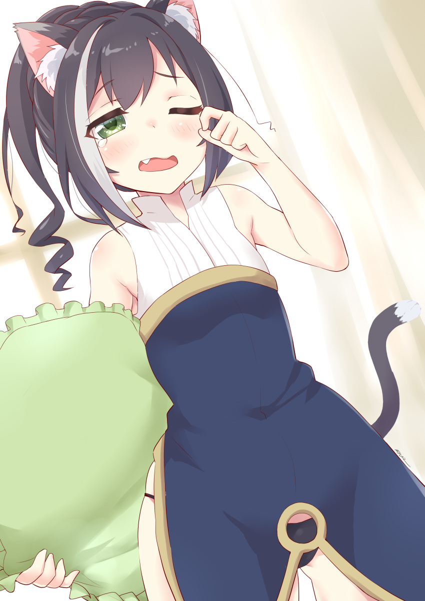 1girl absurdres animal_ear_fluff animal_ears ass_visible_through_thighs bare_arms bare_shoulders black_hair black_panties blurry blurry_background blush cat_ears commentary_request curtains day depth_of_field dutch_angle fang frilled_pillow frills hand_up highres holding holding_pillow indoors kyaru_(princess_connect) long_hair multicolored_hair one_eye_closed open_mouth panties pillow ponytail princess_connect! princess_connect!_re:dive ringlets rubbing_eyes ryuki_(ryukisukune) shirt signature sleeveless sleeveless_shirt solo standing streaked_hair sunlight tears underwear waking_up wardrobe_error white_hair white_shirt window