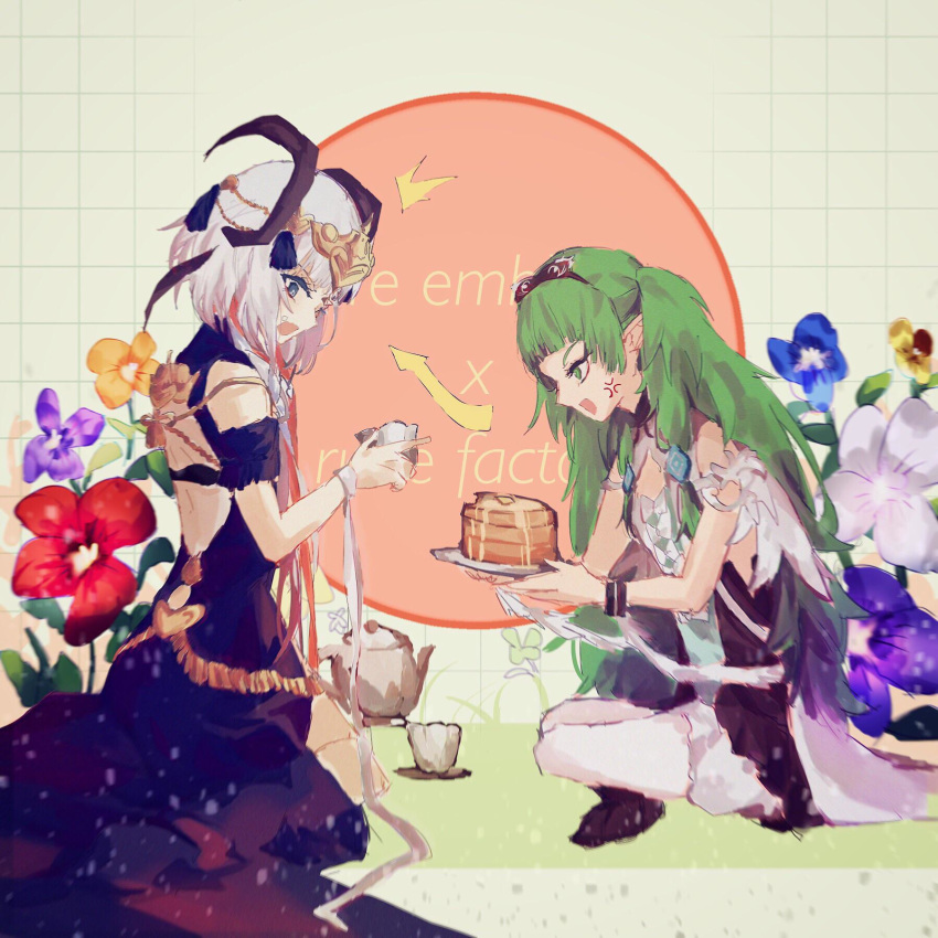 /\/\/\ anger_vein bakaabread bare_back bare_shoulders braid breasts cleavage copyright_name cosplay costume_switch crossed_legs cup fire_emblem fire_emblem:_three_houses flat_chest flower food green_eyes green_hair hair_ornament highres horns kneeling long_hair manakete open_mouth pancake rune_factory rune_factory_4 selzawill short_hair side_braid silver_hair simple_background sothis_(fire_emblem) sothis_(fire_emblem)_(cosplay) teacup teapot tiara trait_connection twintails
