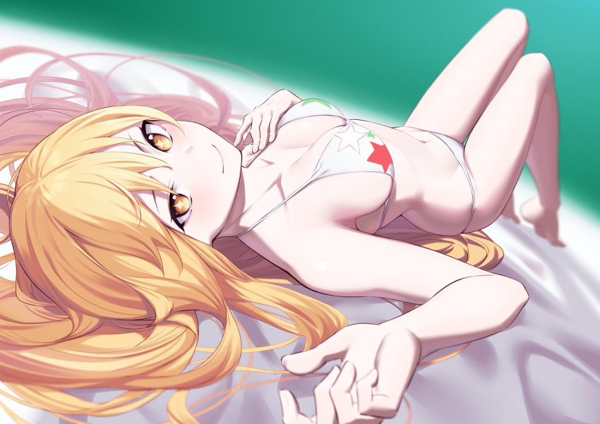 +_+ 1girl alternate_costume bangs bare_arms bare_legs bare_shoulders barefoot bikini blonde_hair blush breasts closed_mouth collarbone fifty1202 hair_between_eyes hand_on_own_chest highres large_breasts long_hair looking_at_viewer lying navel shokuhou_misaki simple_background smile solo stomach swimsuit to_aru_kagaku_no_railgun to_aru_majutsu_no_index very_long_hair yellow_eyes