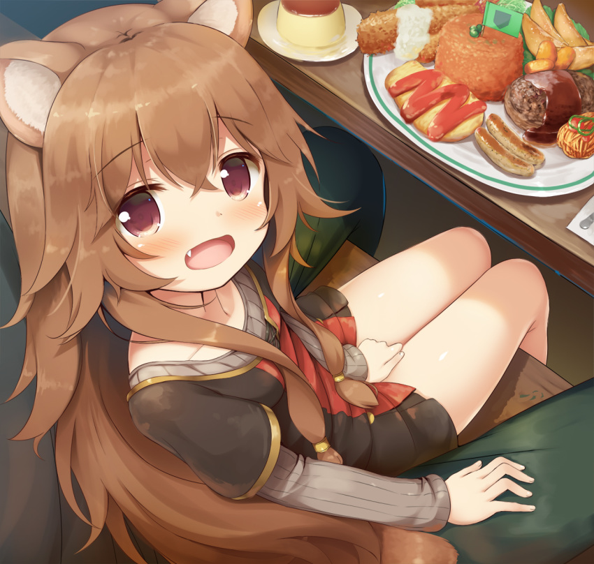 1girl 1other animal_ear_fluff animal_ears black_dress brown_eyes brown_hair chair child dress fang flag food from_above from_behind hamburger_steak hand_on_own_thigh highres ketchup long_hair looking_back looking_up okosama_lunch open_mouth pasta plate pov psyche3313 pudding raccoon_ears raccoon_tail raphtalia red_dress sausage short_dress shrimp shrimp_tempura sitting sitting_on_lap sitting_on_person smile spaghetti tail tate_no_yuusha_no_nariagari tempura