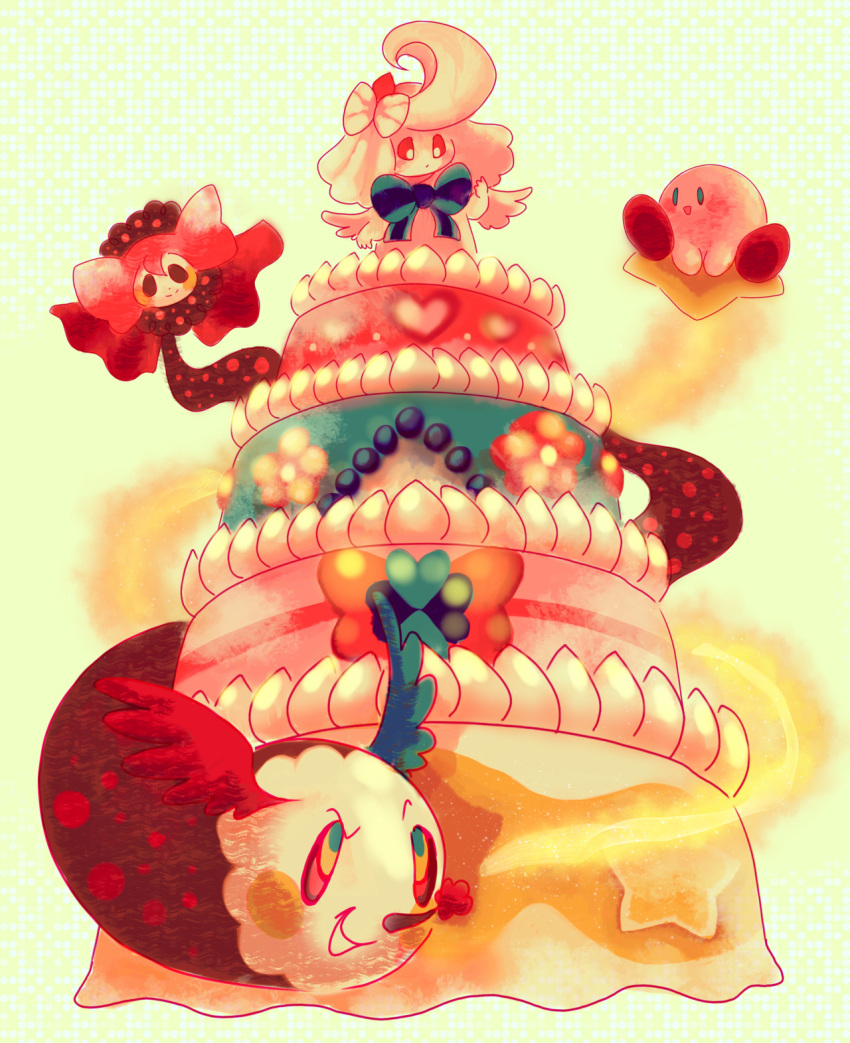 alcremie cake charlotte_(madoka_magica) commentary creature elikapika english_commentary food gen_8_pokemon gigantamax gigantamax_alcremie highres kirby kirby_(series) mahou_shoujo_madoka_magica no_humans pokemon pokemon_(creature) ribbon striped striped_ribbon