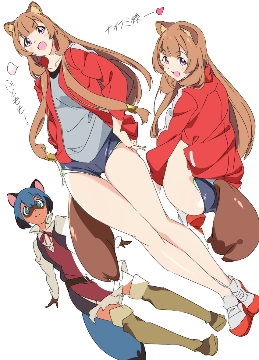 2girls :d animal_ear_fluff animal_ears ass bangs bare_legs belt blue_eyes blue_hair boots brand_new_animal brown_footwear brown_gloves brown_hair buruma cosplay costume_switch crossover dress eyebrows_visible_through_hair gloves hair_tubes hands_on_hips heart highres jacket kagemori_michiru long_hair long_sleeves looking_at_another looking_at_viewer looking_back multiple_girls multiple_views open_clothes open_jacket open_mouth panties_under_buruma purple_eyes raccoon_ears raccoon_girl raccoon_tail raphtalia red_jacket shoes short_dress short_hair smile sneakers squatting standing tail tanuki tate_no_yuusha_no_nariagari thigh_boots thighhighs track_jacket umanosuke very_long_hair white_background