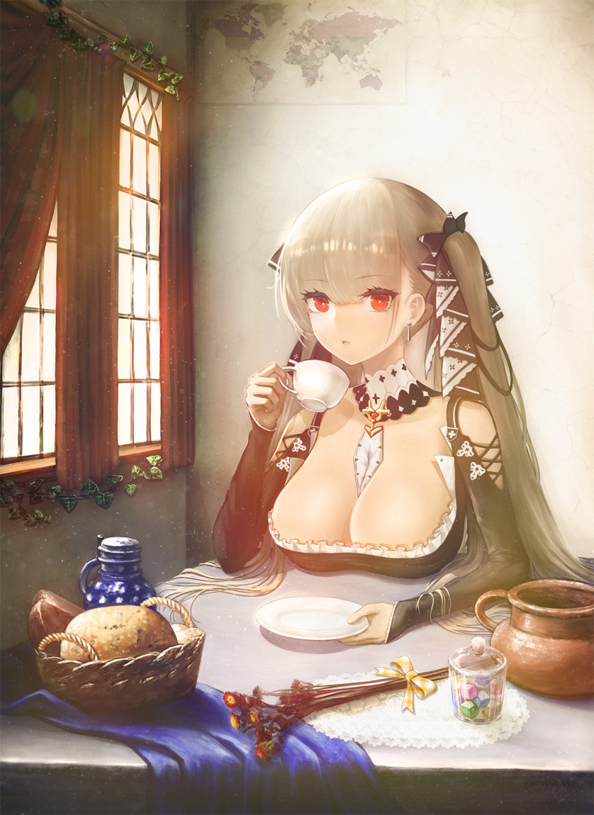 1girl azur_lane bare_shoulders between_breasts black_dress blush bread breasts candy cleavage cup day dress earrings eyebrows_visible_through_hair flower food formidable_(azur_lane) frilled_dress frills grey_hair hair_ribbon highres indoors jewelry jug large_breasts long_hair long_sleeves looking_at_viewer maid nana_(nana17112018) plate red_eyes ribbon sitting solo table tablecloth twintails two-tone_dress two-tone_ribbon very_long_hair window world_map