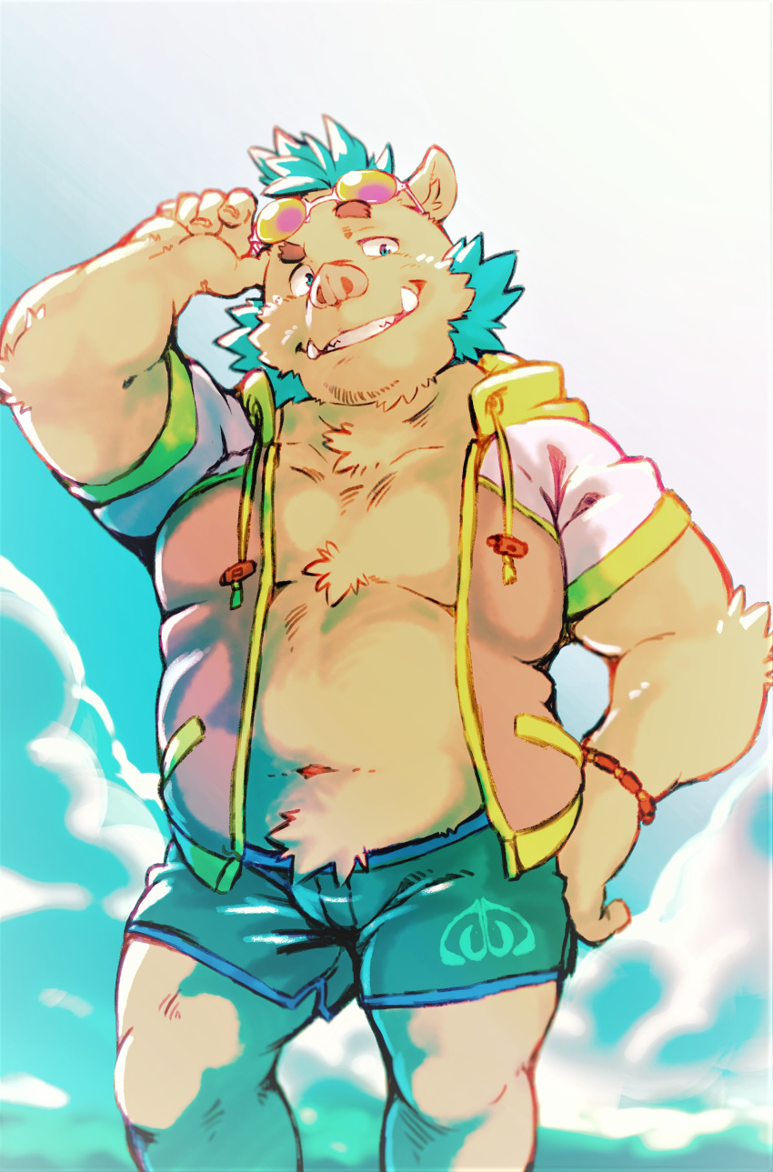 2020 absurd_res anthro belly brown_body brown_fur bulge clothing eyewear fur gouryou heylaw21 hi_res hoodie humanoid_hands kemono male mammal moobs navel slightly_chubby solo suid suina sunglasses sus_(pig) swimwear tokyo_afterschool_summoners topwear video_games wild_boar