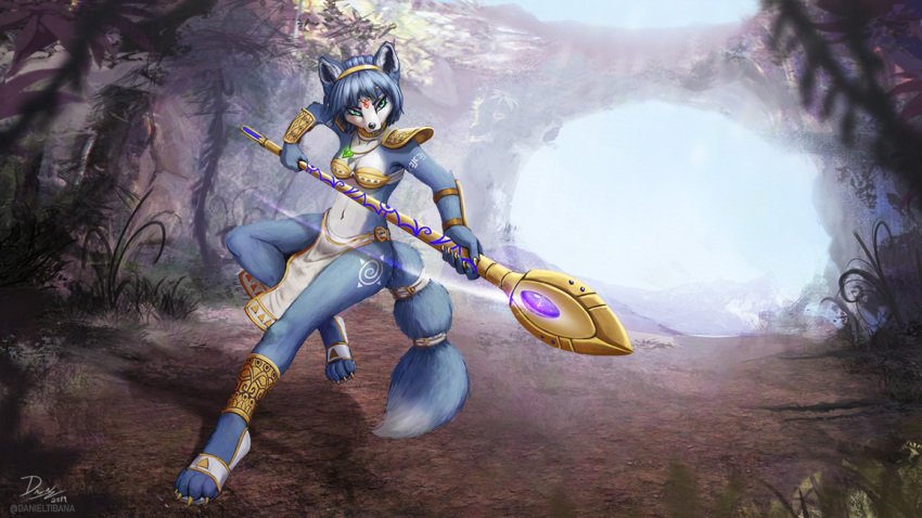 2019 accessory action_pose anthro breasts canid canine clothing detailed_background female footwear fox fur grass green_eyes hair_accessory hairband holding_object holding_weapon jewelry kitsunartbr krystal loincloth mammal markings navel necklace nintendo outside plant pose sandals shoulder_pads signature solo staff star_fox tailband tribal_markings video_games weapon