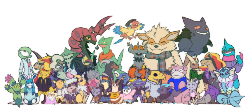 ^_^ banette bird bisharp cacturne closed_eyes clothed_pokemon commentary creature croagunk drowzee english_commentary espurr fangs full_body furret gardevoir gen_1_pokemon gen_2_pokemon gen_3_pokemon gen_4_pokemon gen_5_pokemon gen_6_pokemon gen_7_pokemon glaceon happy hatted_pokemon houndoom jolteon kadabra looking_at_viewer maractus no_humans piplup pokemon pokemon_(creature) pyroar quilava raichu rockruff ruderubicante sableye sceptile scolipede togepi trevenant whimsicott zorua