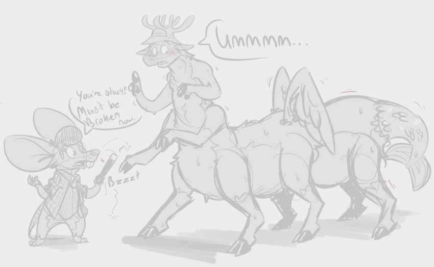 absurd_res anthro antlers cervid clothing duo flukes hat headgear headwear hi_res hoof_hands hooves horn magic_wand male mammal mouse multi_arm multi_leg multi_limb murid murine rodent scales shirt speech_bubble taur text the_green_deer thick_tail topwear transformation wings