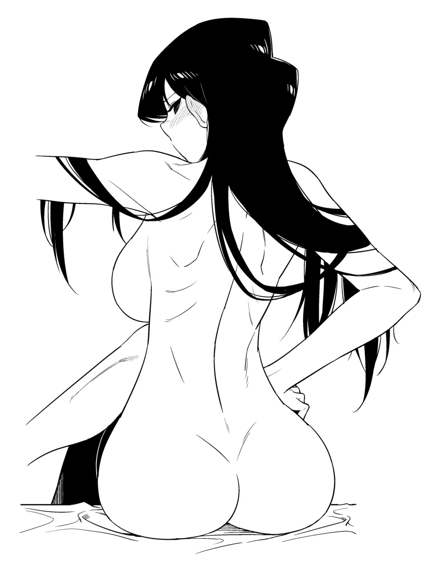 1girl ass back blush breasts greyscale hand_on_hip highres komi-san_wa_komyushou_desu komi_shouko long_hair monochrome nude sitting solo tesu