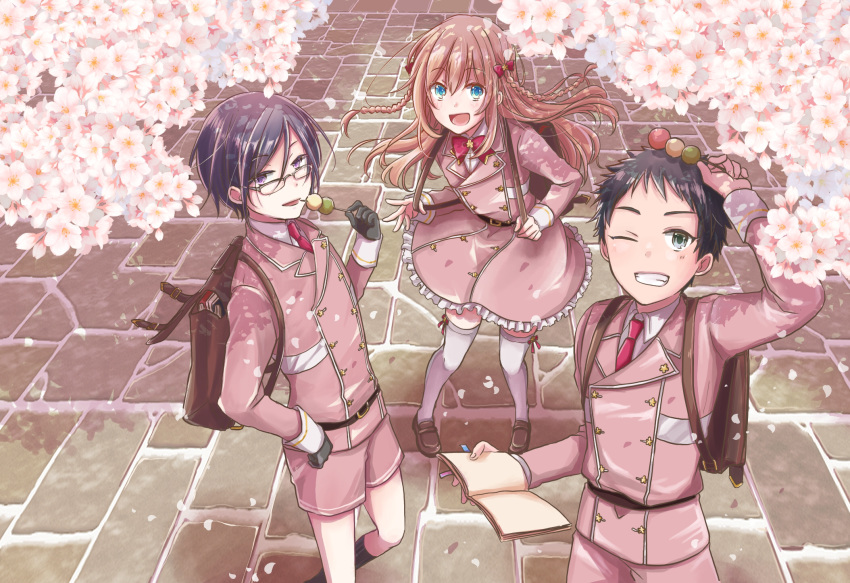 3boys :d atsushi_toushirou backpack bag black_gloves black_hair black_legwear blonde_hair blue_eyes book bow braid cherry_blossoms dango dress food glasses gloves grey_eyes grin hair_bow highres kiwame_(touken_ranbu) kneehighs kocho_(kn88) male_focus midare_toushirou military military_uniform multiple_boys necktie one_eye_closed open_book open_mouth otoko_no_ko petals purple_eyes sanshoku_dango shorts smile thighhighs touken_ranbu twin_braids uniform wagashi white_legwear yagen_toushirou