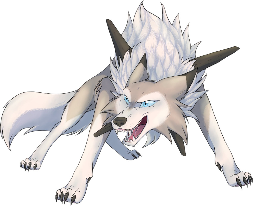 2020 black_nose blue_eyes blue_sclera bodily_fluids brown_body brown_fur canid canine claws dewclaw feral fur grumpyfoks hi_res lycanroc mammal midday_lycanroc nintendo open_mouth pok&eacute;mon pok&eacute;mon_(species) saliva sharp_teeth simple_background teeth tuft video_games white_background white_body white_fur