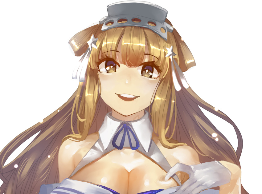 1girl absurdres aima_imoko0327 blonde_hair blue_eyes blue_shirt breasts cleavage double_bun fletcher_(kantai_collection) gloves hair_ornament hairband highres kantai_collection large_breasts long_hair looking_at_viewer neckerchief off_shoulder open_mouth remodel_(kantai_collection) round_teeth sailor_collar school_uniform serafuku shirt simple_background smile solo star star_hair_ornament teeth upper_body upper_teeth white_background white_gloves white_sailor_collar yellow_neckwear