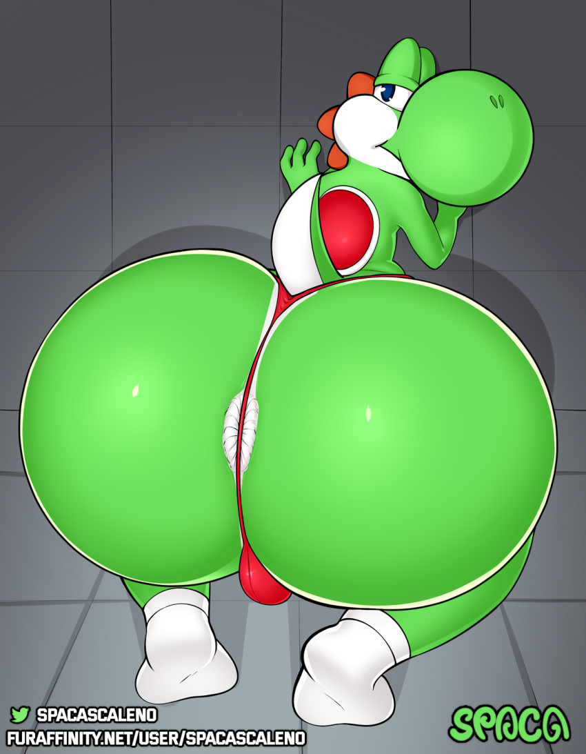 balls big_butt blue_eyes butt clothed clothing digital_media_(artwork) dinosaur feral g-string genitals green_yoshi hi_res huge_butt hyper hyper_butt looking_at_viewer male mammal mario_bros nintendo reptile scalie solo spaca text underwear video_games yoshi yoshi_(character)